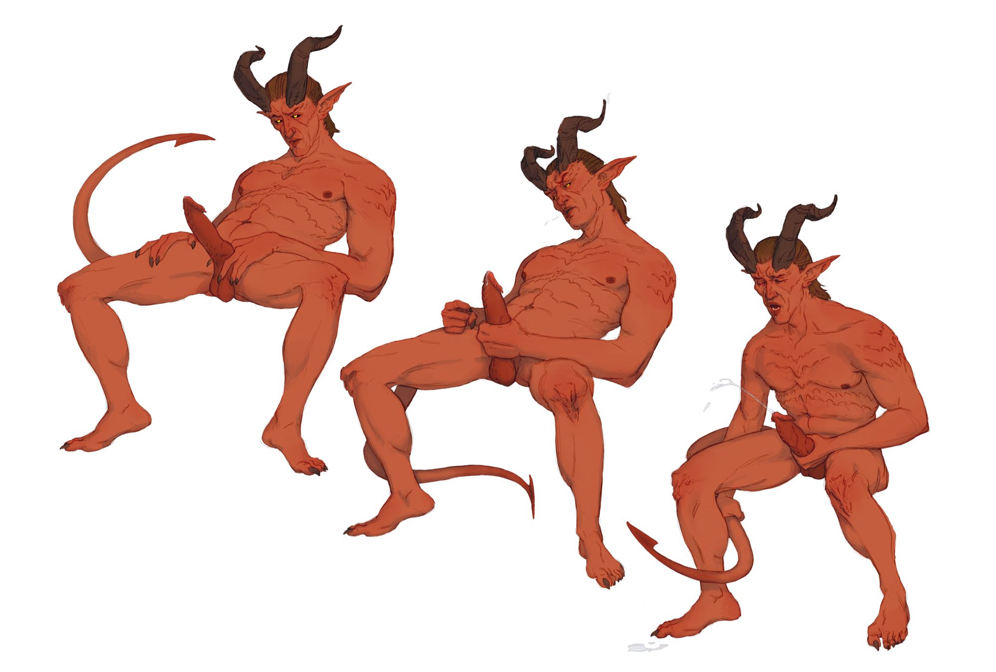 a triptych (or trip-dick hahaha) of Zevlor from Baldurs Gate 3, nude, at different points of jerking off