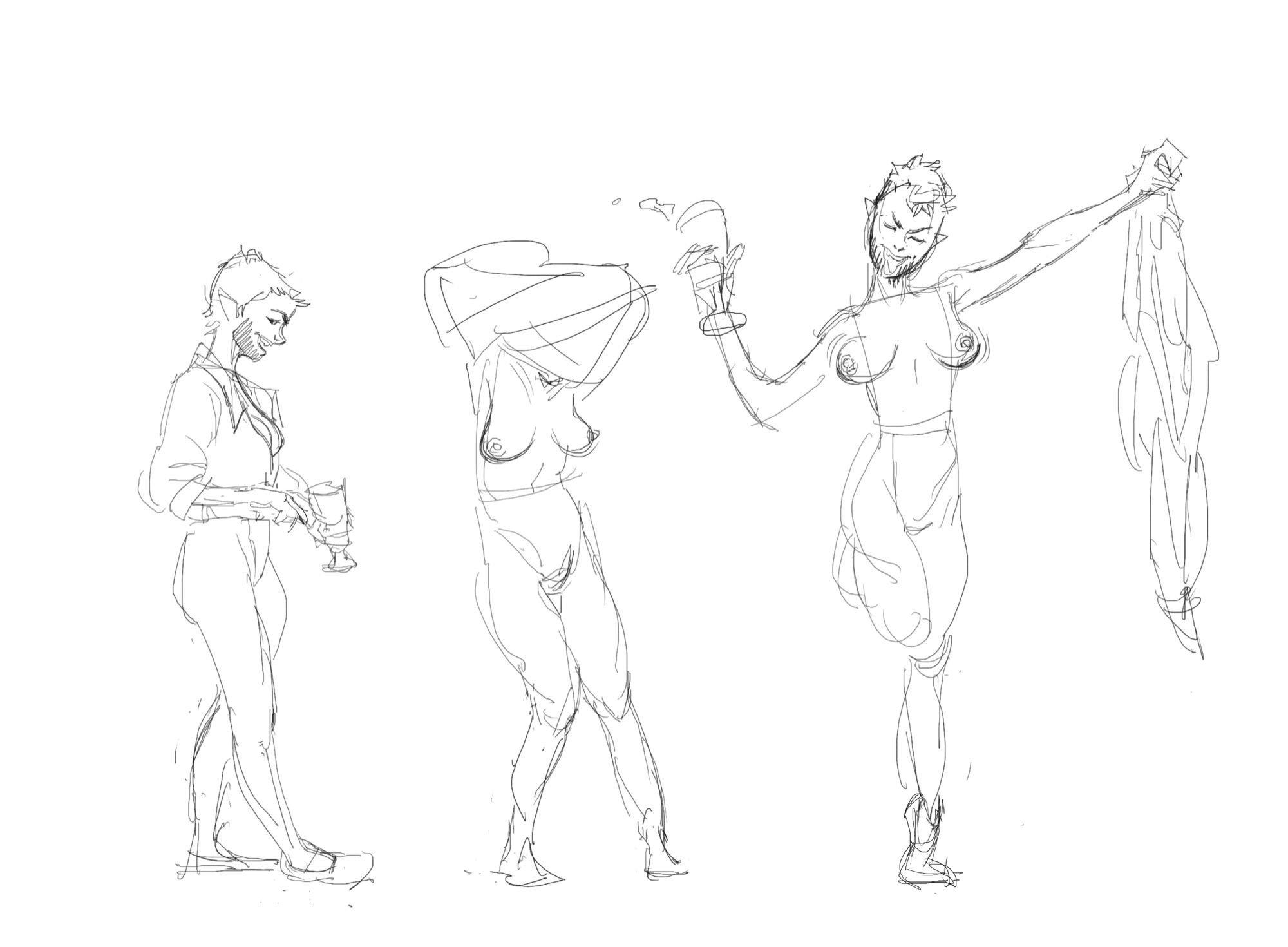 a simple and messy line drawing “timeline” of Kyff (BG3 tav) starting from standing in profile, to pulling their shirt off, to celebrating being intoxicated with their shirt dangling in one hand and their drink sloshing in the other