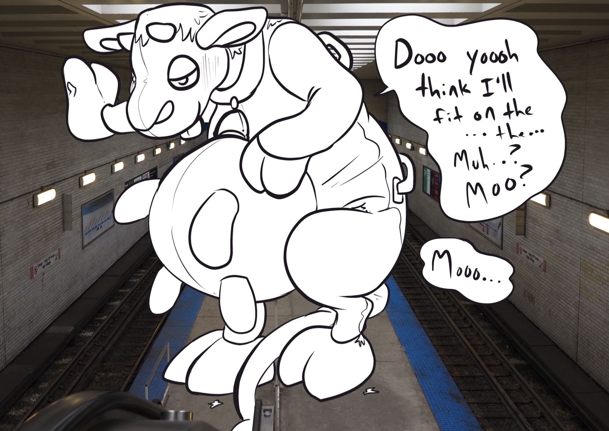 guy on a subway platform turning into a massive inflatable cow with a big round udder. he’s hunched over, pressed lightly against the ceiling, and is leaning one inflatable hoof against the wall. a few tiny scraps of clothing are visible here and there.