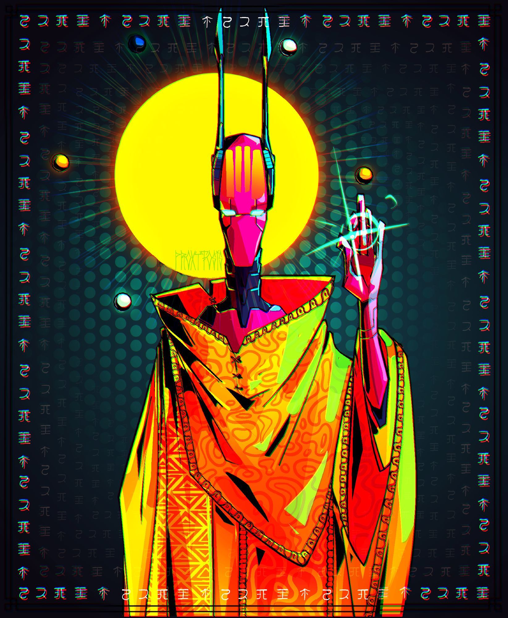 An Iterator Puppet stands, his robes yellow and orange intricate with patterns. His skin magenta, yellow markings on his large forehead following the stretch of his antennae. A yellow halo shines bright behind him as 5 pearls encircle him. Glyphs all around the frame.