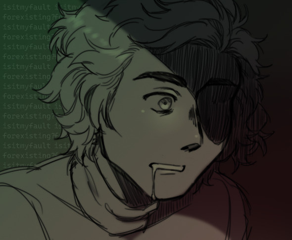 A digital sketch of a man staring blankly away from the viewer. He appears dazed, drooling from the corner of his lip, with half of his face completely obscured by shadow. He has messy curly hair, big eyebrows, and wears a turtleneck sweater. The only color in the image is a green to red gradient, with the words "was it my fault for existing?" repeating in the background, obscured by the character.