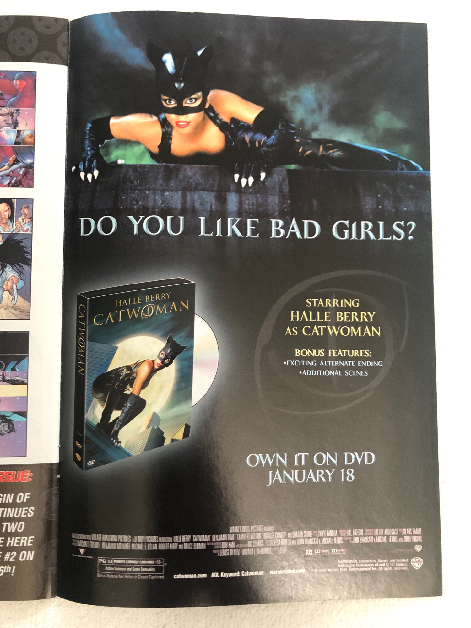 Ad in a comic for the Catwoman movie DVD. Shows Halle Berry in the Catwoman suit, crouching on the top of a wall. Tag line is “Do you like bad girls?”