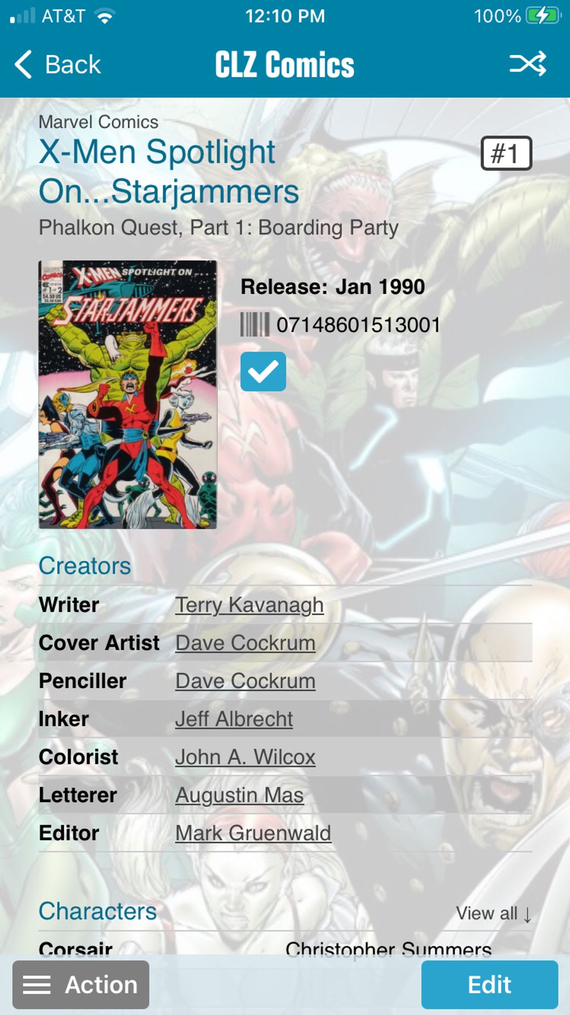 Screen grab of CLZ comic app for X-Men Spotlight On… Starjammers #1 (1990). Includes list of creators (writer, cover artist, penciller, inker, colorist, letterer, editor).