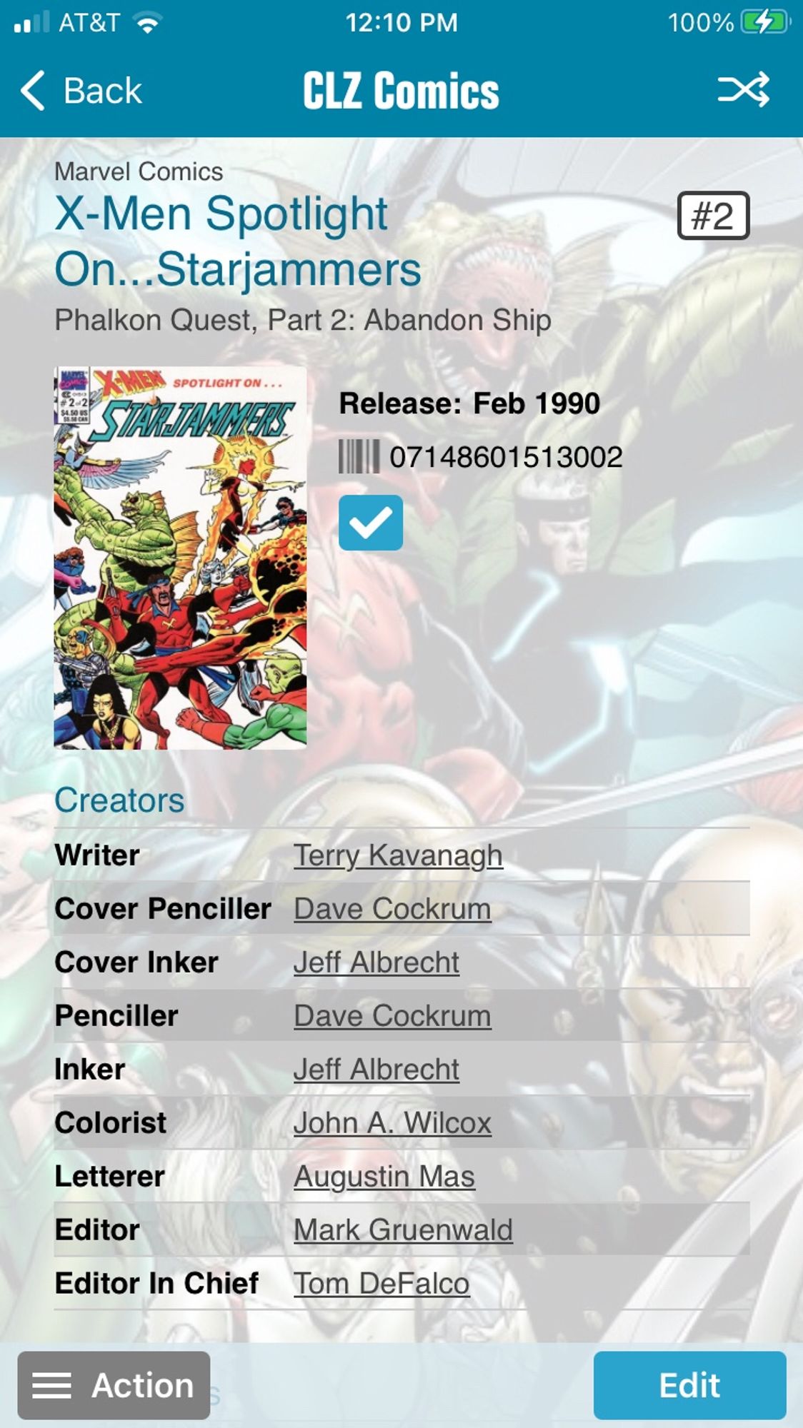 Screen grab of CLZ comic app for X-Men Spotlight On… Starjammers #2 (1990). Includes list of creators (writer, cover artist, penciller, inker, colorist, letterer, editor).