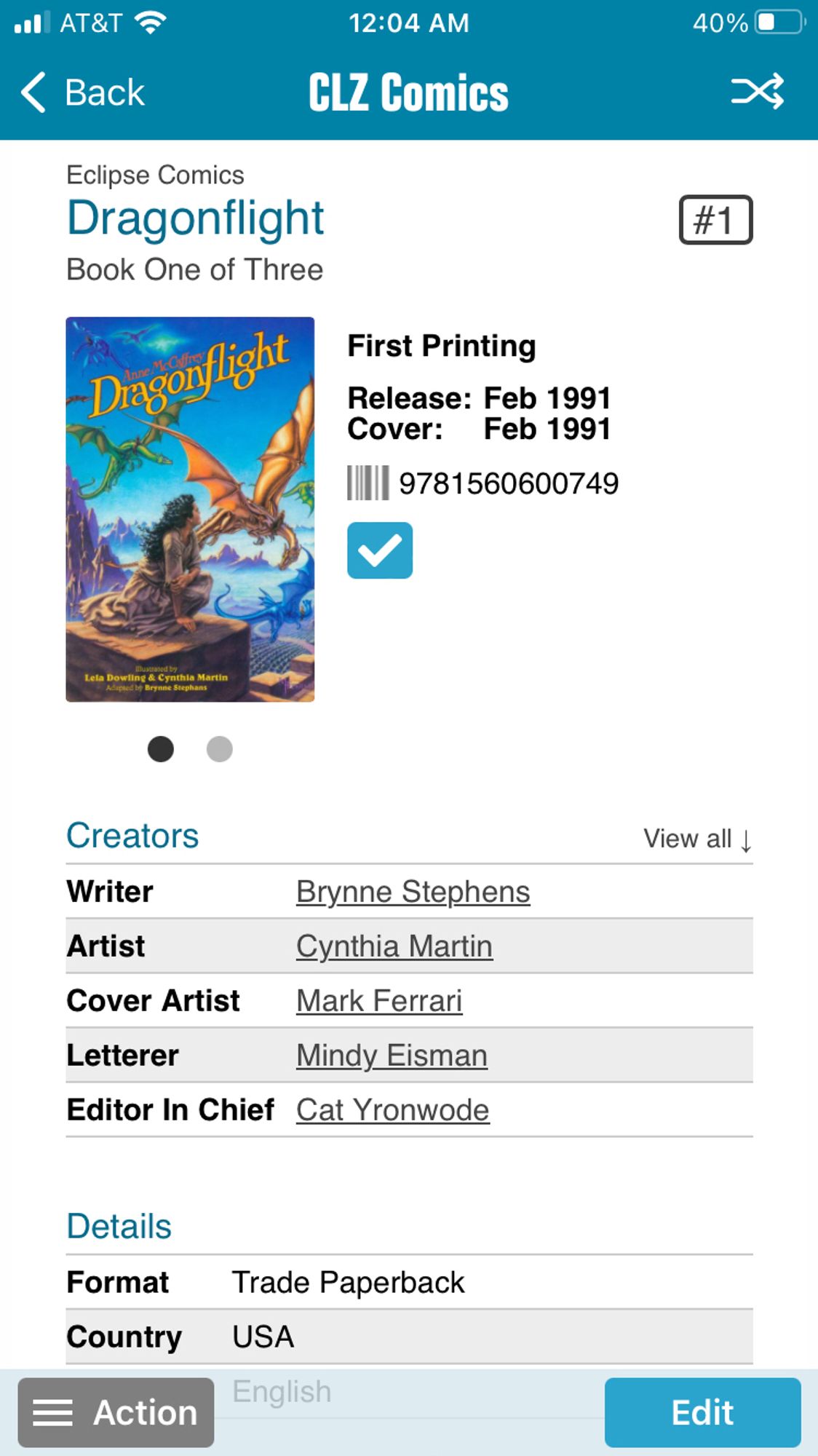 Screen cap of the CLZ comic app showing entry for Dragonflight #1 (1991) by Eclipse Comics.