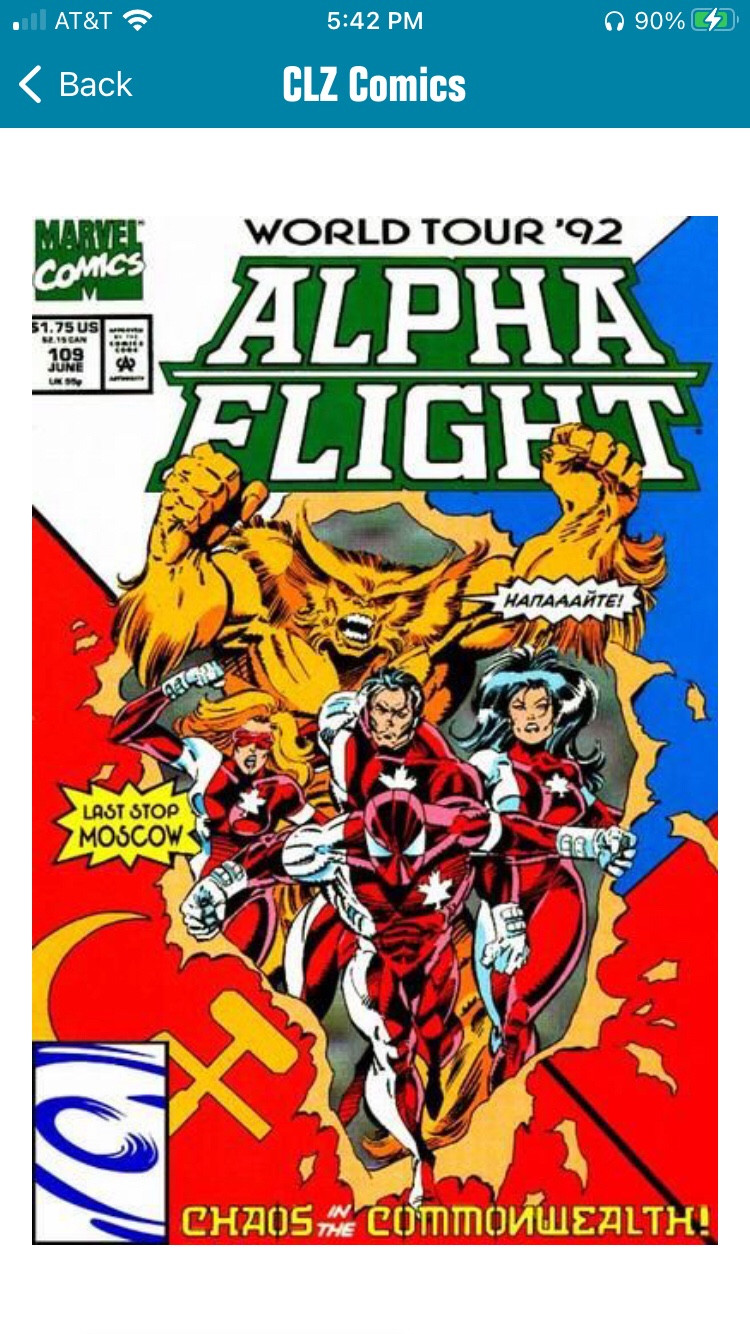 Screen cap of the CLZ app, showing Alpha Flight #109. Shows the team busting through what looks like a part Soviet Union flag?