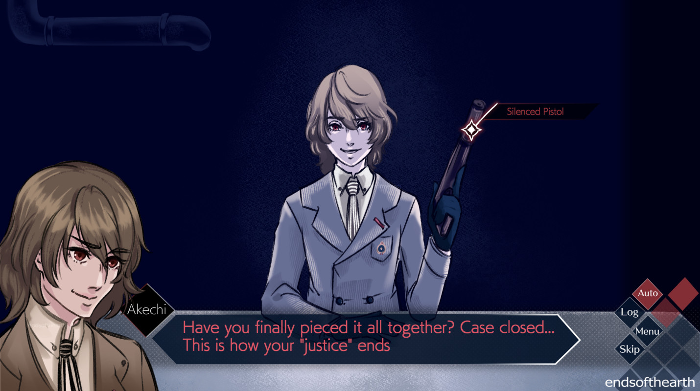 Goro Akechi from Persona 5 made to look as though he is in the game AI: The Somnium Files instead. He's sitting face forward at the interrogation room in Somnium Files with its limited dark lighting. He is holding a silenced pistol. The dialogue box, with another close up sprite of his face to the left, reads: "Have you finally pieced it all together? Case closed... This is how your justice ends"