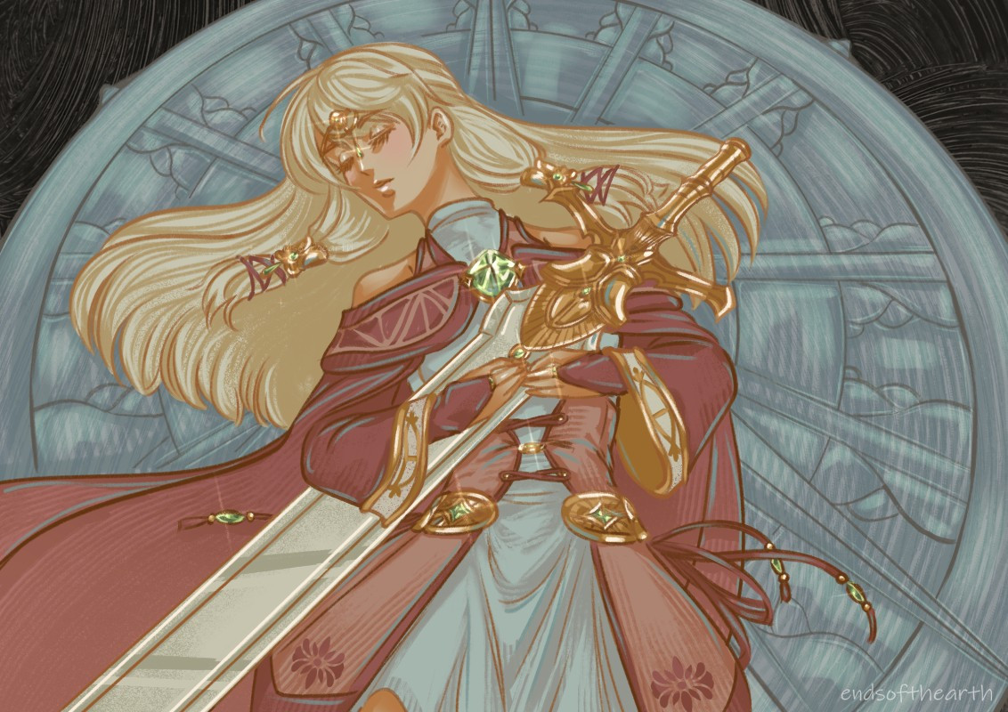 Micaiah from Fire Emblem Radiant Dawn. She is laying symbolically on Lehran's Medallion, sized up for effect. She is asleep holding Alondite. Her hair spreads out around her. The color palette is pale and light to look more ethereal. The medallion's structure makes a halo effect.