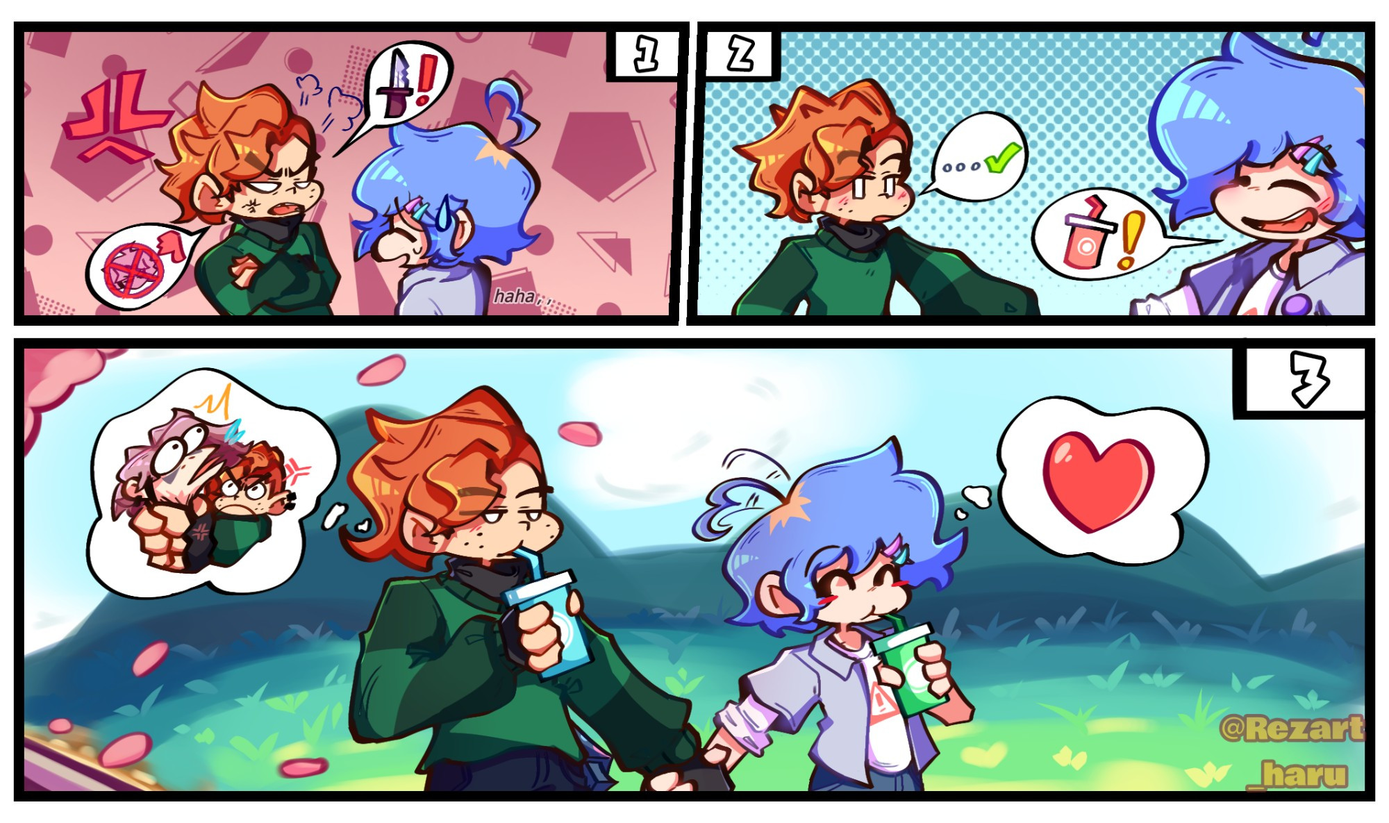 A short comic about the double date 
 after it ended , bf is trying to calm pico for being mad at Sven by going on another date just the two of them