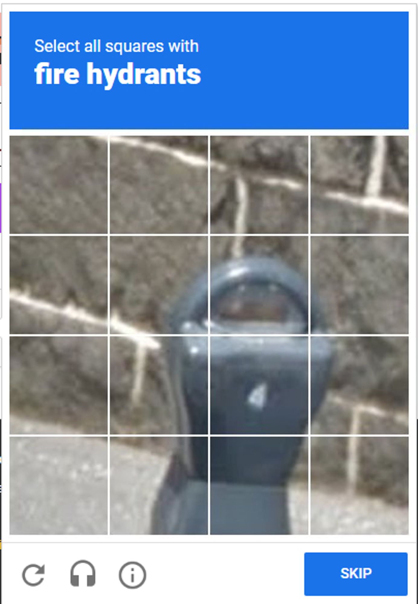 screenshot of a captca that says "select all squares with fire hydrants". It's a picture of a parking meter.