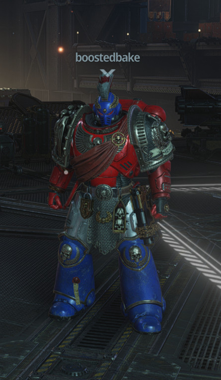 a space marine with a colour scheme similar to optimus prime