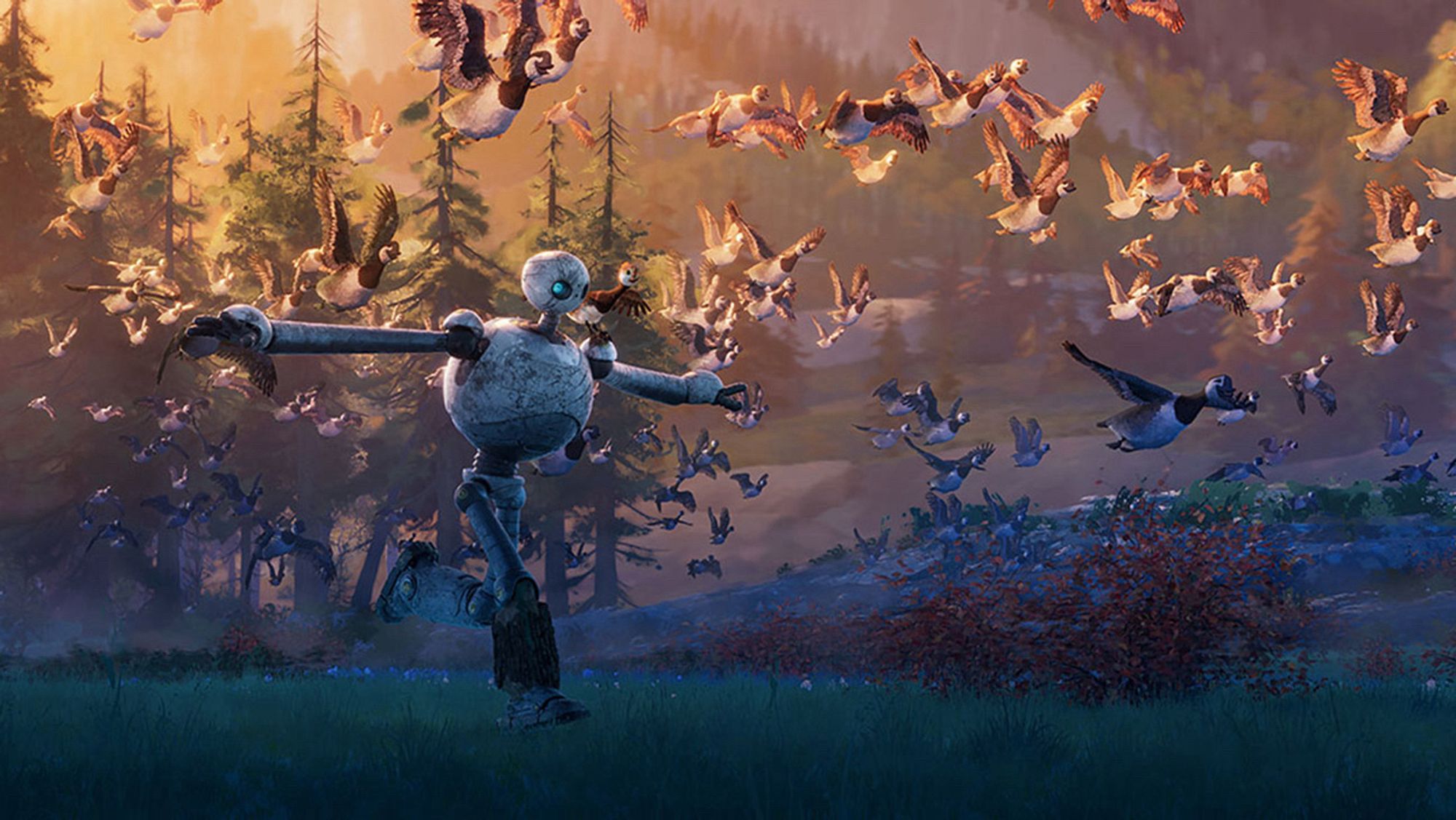 Wild Robot image: Roz the robot running with the birds in the wilderness