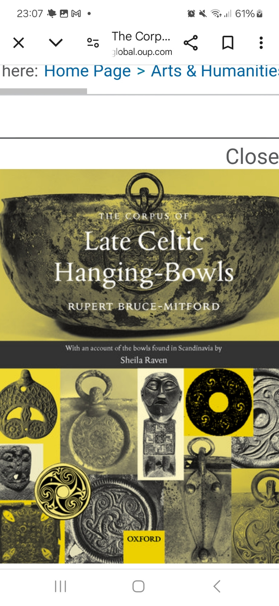 The cover of the book Thr Corpus of Late Medieval Hanging-Bowls with an account of the bowls found in Scandinavia by Robert Bruce-Mitford and Sheila Raven. It has a largely yellow background with a series of pictures of Early Medieval hanging bowls. I wonder if Bruce-Mitford is one of those Mitfords?