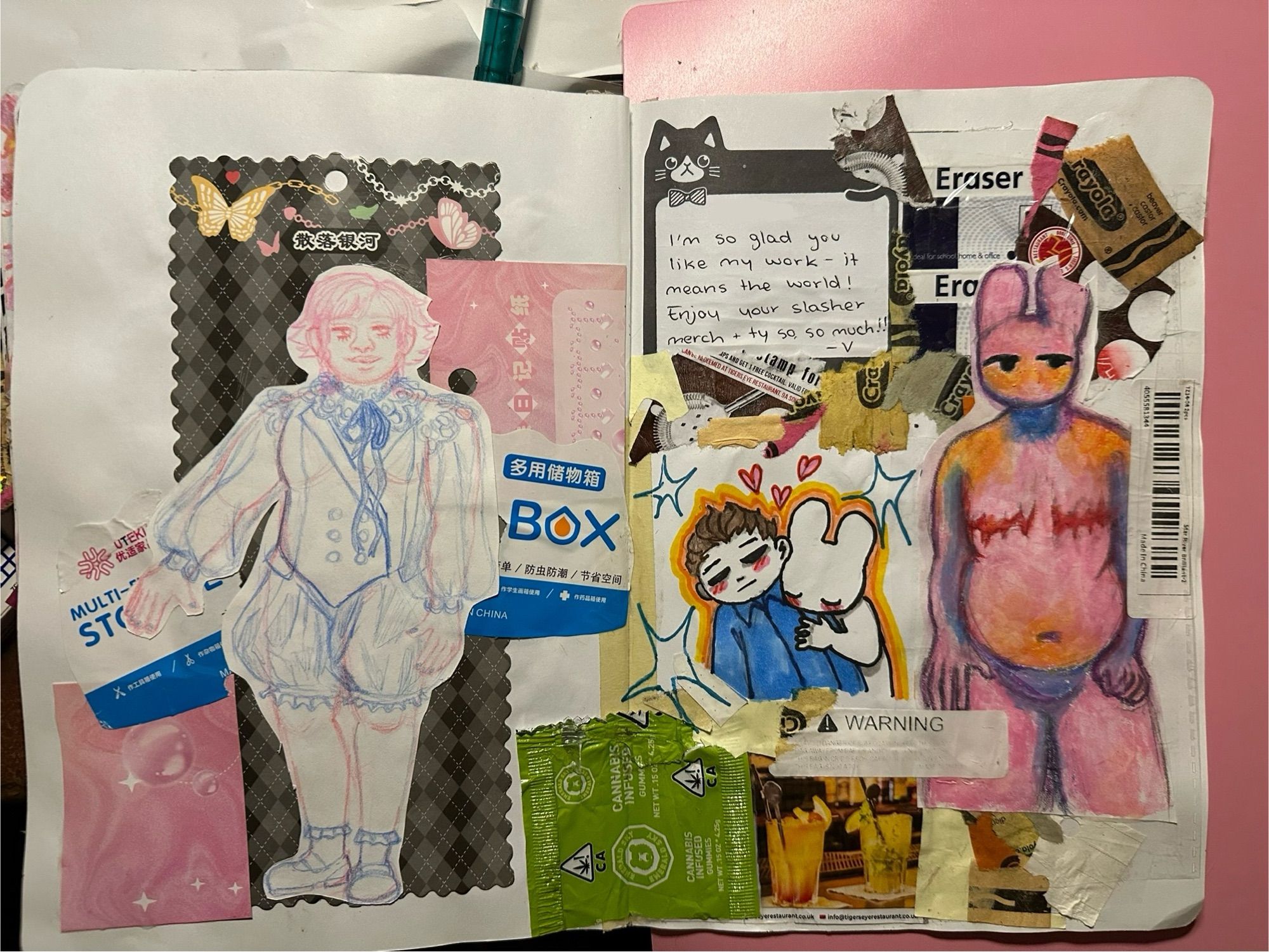 On the left is my original character Lo dressed in a vest, a puffy sleeves shirt with a ribbon bow, puffy shorts, frilled socks, and mary jane shoes. On the right side is a fat anthropomorphic pink, blue and yellow rabbit with top surgery scars. There also a picture of the same rabbit on that page of the same rabbit hugging Michael Myers. Surrounding the illustrations are packaging, crayon wrappers, and a note.