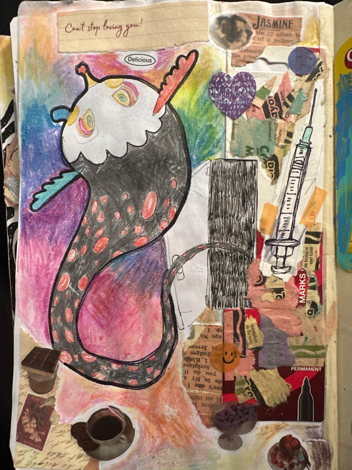 a multimedia drawing of the worm version of Charlotte from Puella Magi Madoka Magica coming out of a door. Features scraps of paper, crayon wrappers, and stickers of sweet treats.