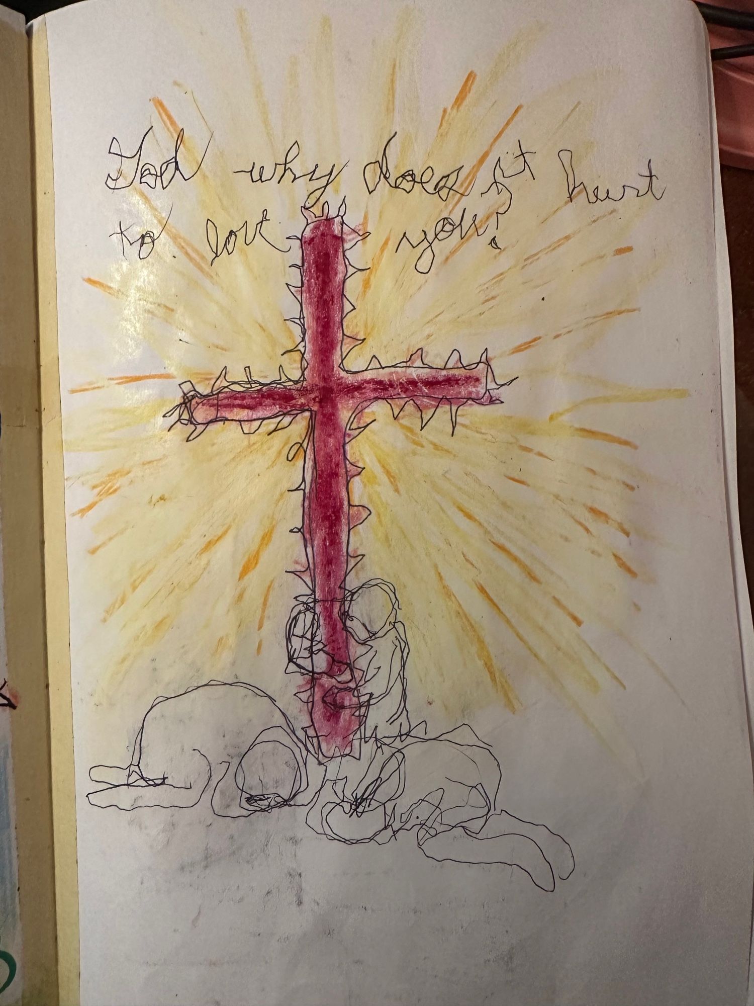 spiked red cross being worshiped by three people. The cross gives a radiant holy glow despite the spikes and blood red color. Done in a scratchy simple art style. Text reads: God why does it hurt to love you?