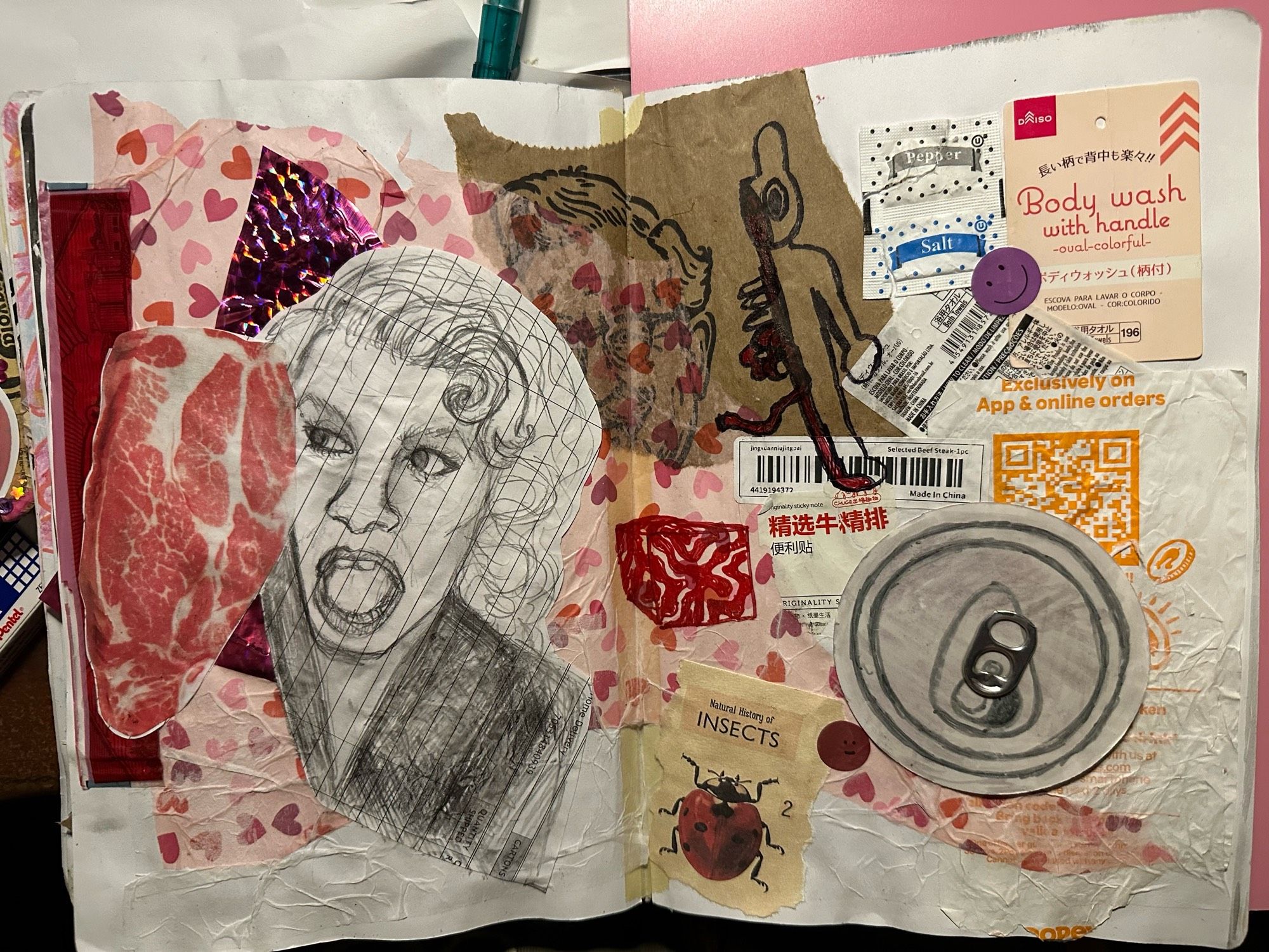 A multimedia collage of heart tissue paper, scan bar sticker, a kfc paper bag, and labels from packaging. The main feature is of a open mouthed woman looking at a photorealistic sticky note of raw steak.