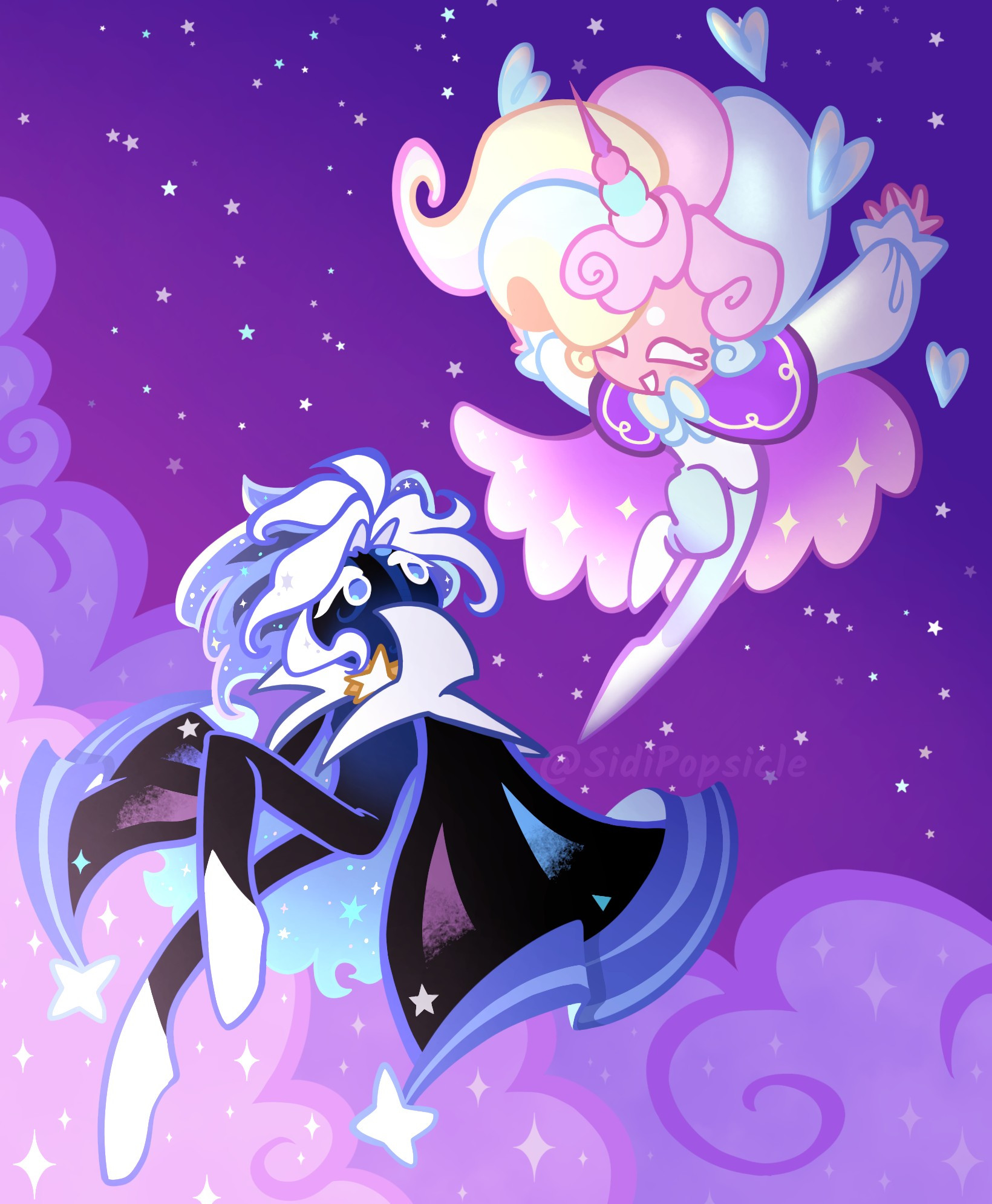 Stardust Cookie and Cream Unicorn Cookie floating together out in the dreamy night sky.