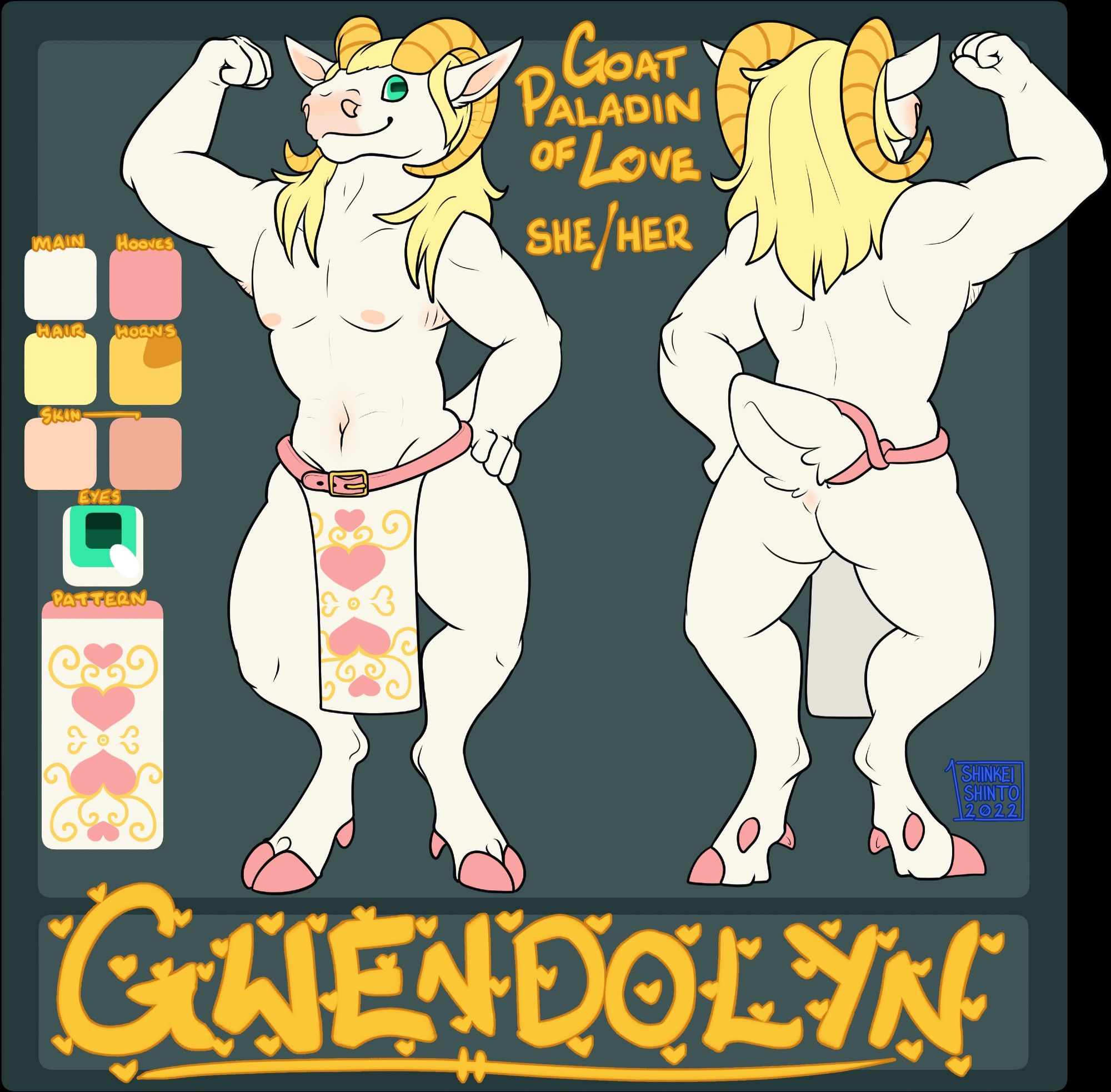 The ref sheet for a sort of "goat minotaur" wearing a white apron/loincloth with pink hearts and gold accents, identified as Gwendolyn, Goat Paladin of Love. By Shinkei-Shinto