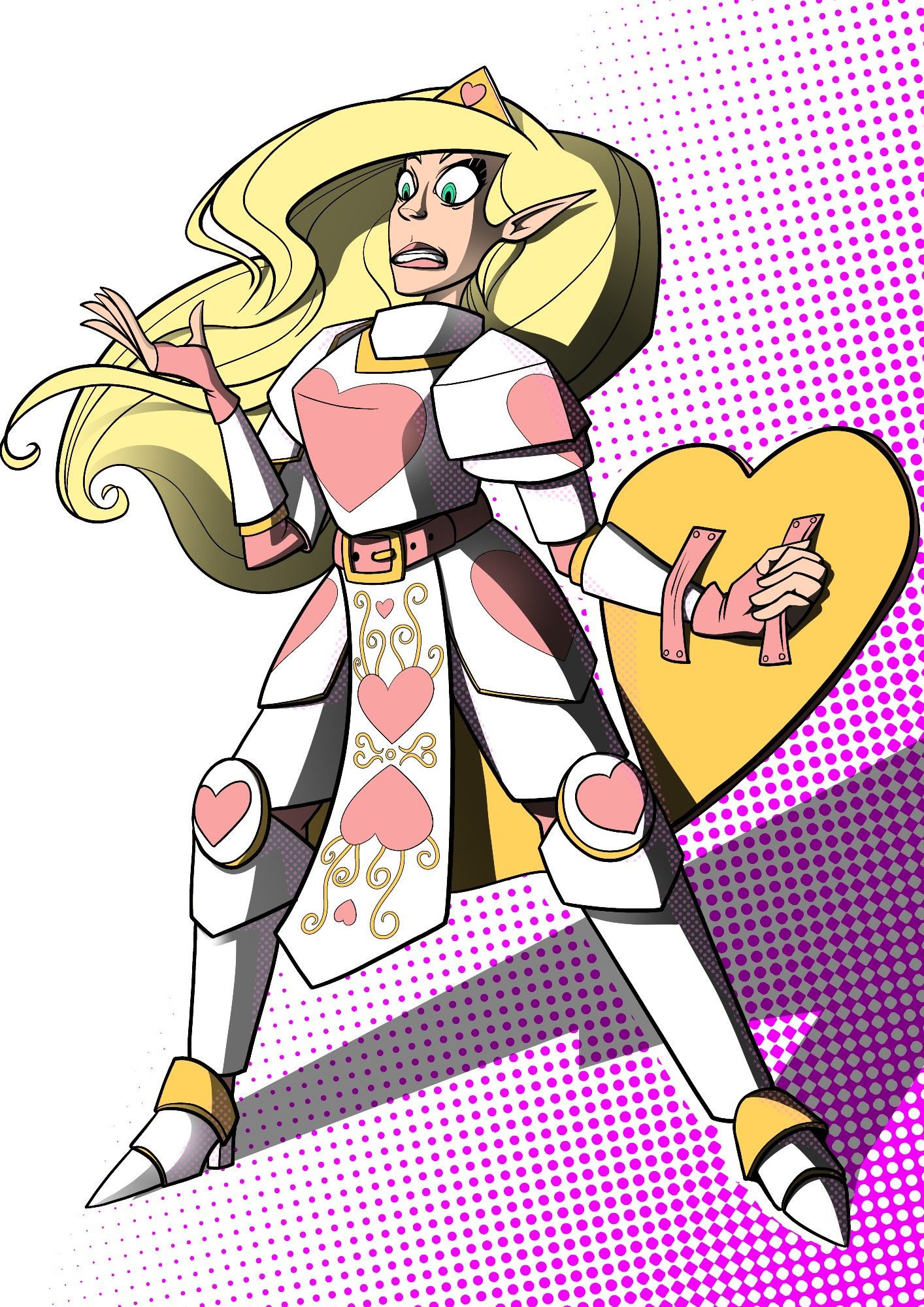 A blonde haired elf wearing white plate armor adorned with pink hearts, holding a heart shaped shield. By CanonThought