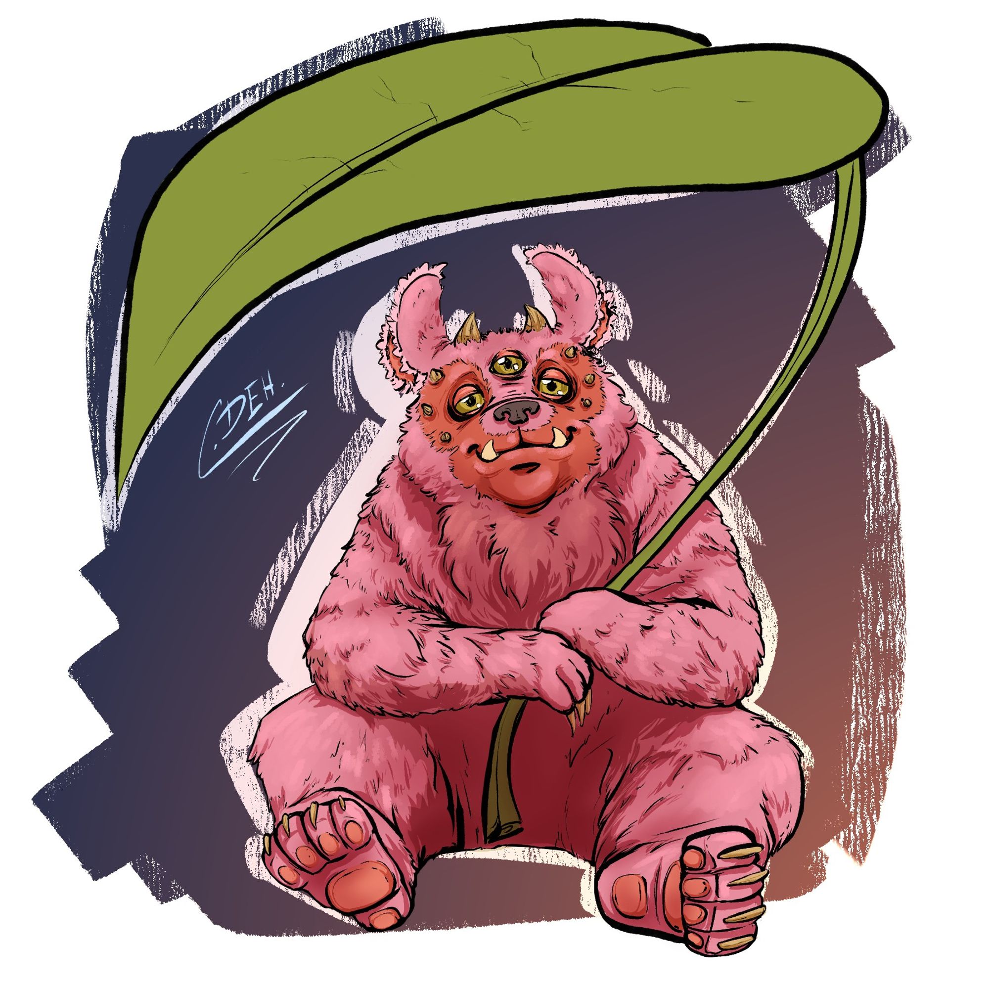 A pink bear with three eyes sitting on the ground holding a giant leaf like an umbrella