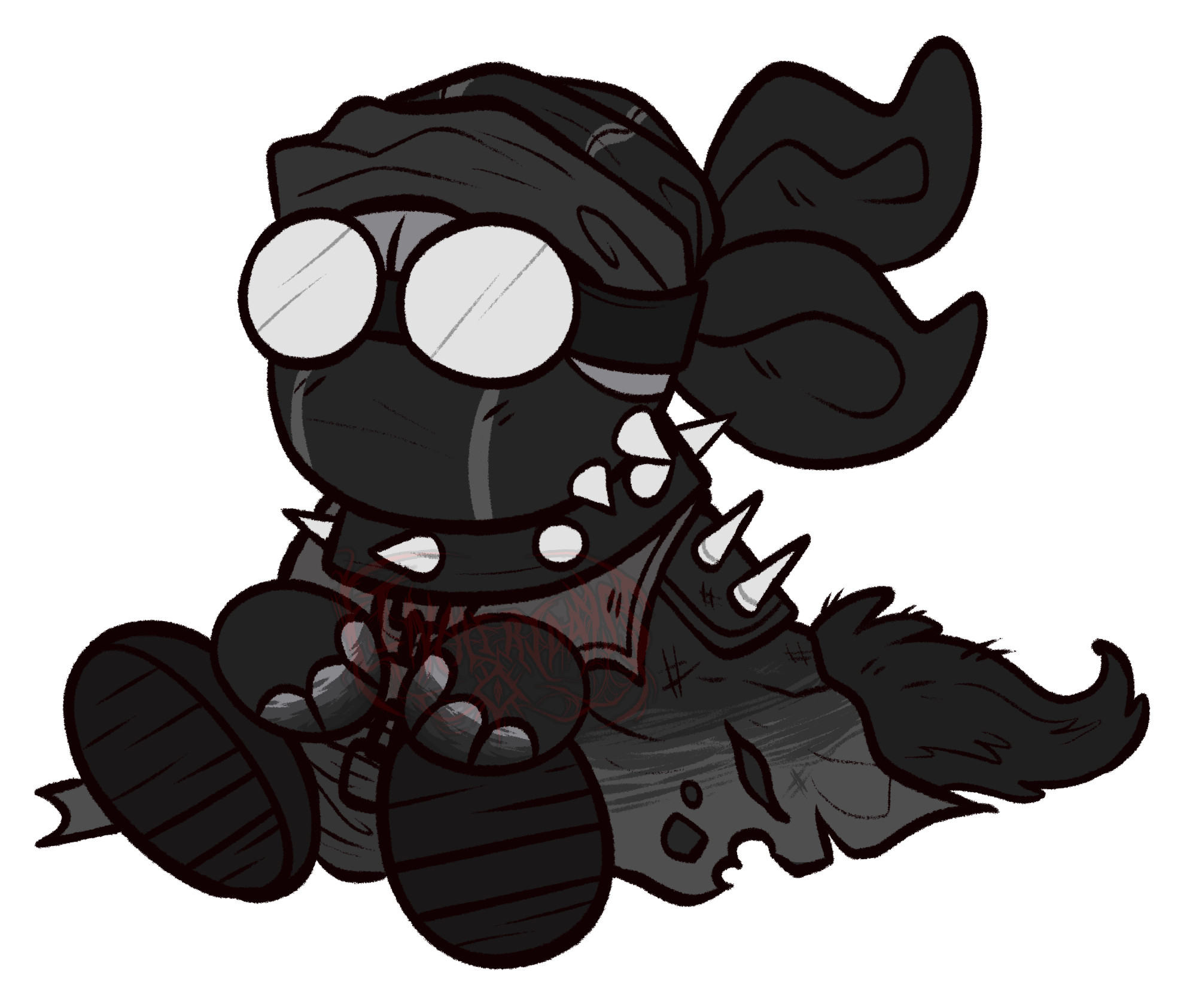 A chibi artwork of Grank, a Hanksona. It is wearing dull brown-colored clothes, white goggles and a spiked collar. It is sitting politely.