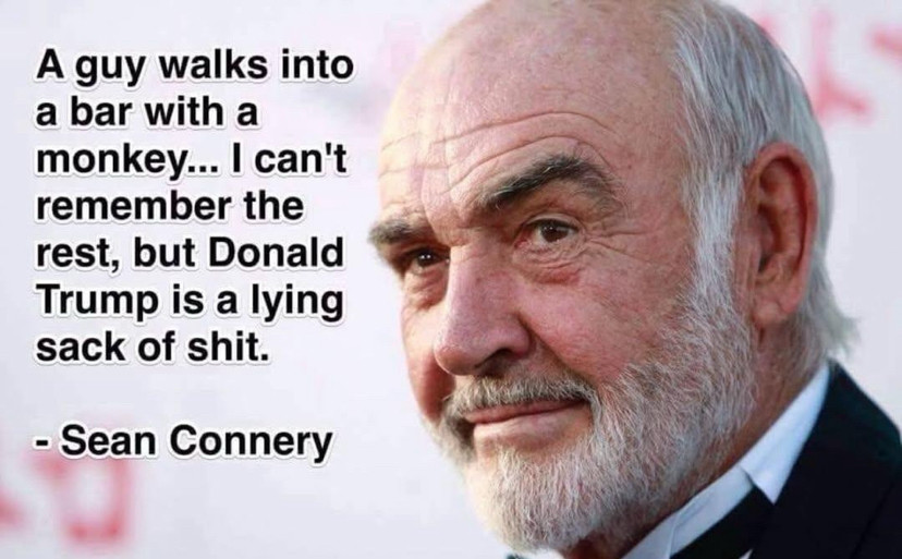 Picture of Sean Connery. The quote ‘a guy walks into a bar with a monkey. I can’t remember the rest, but Donald Trump is a lying sack of shit’