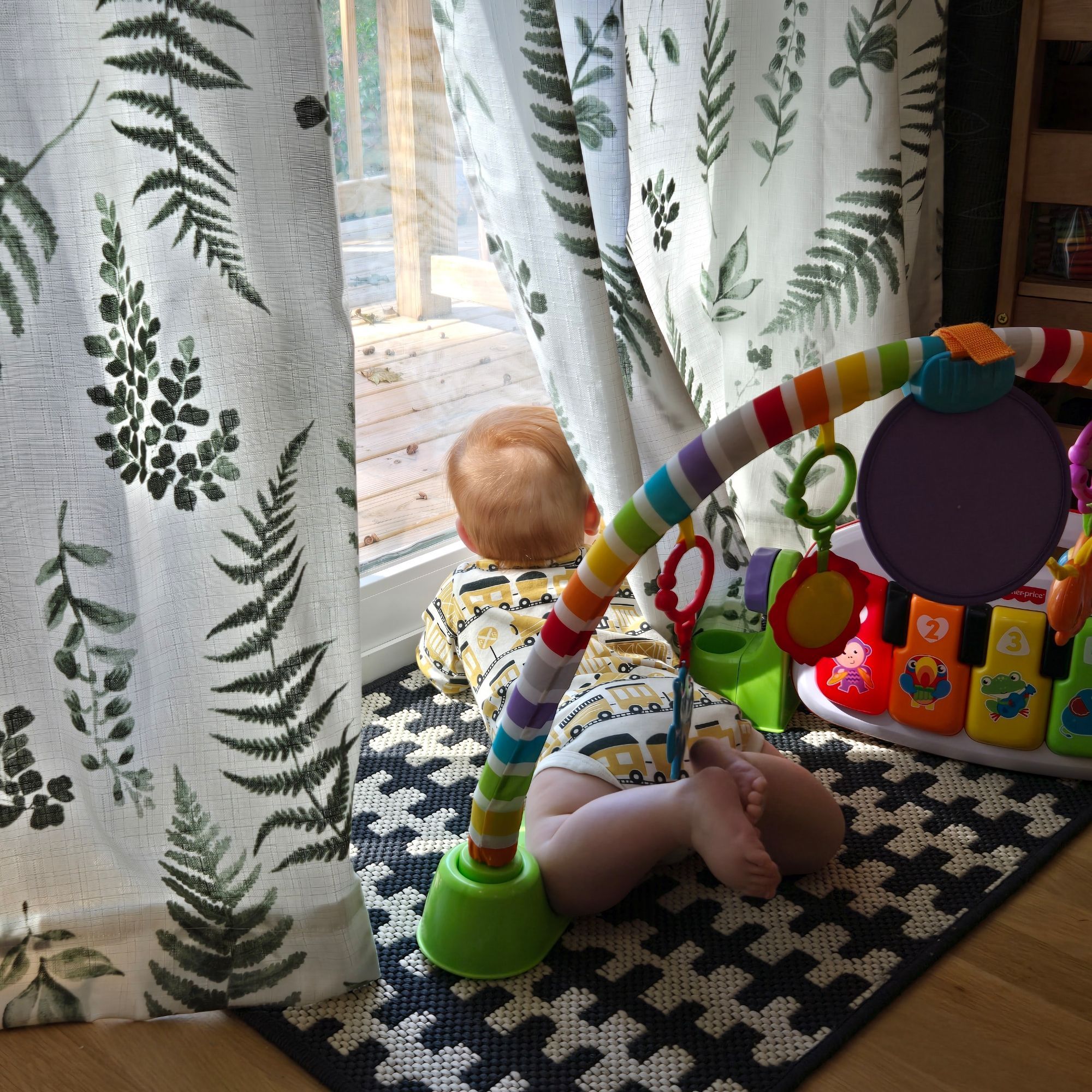 Baby looking out a sliding door