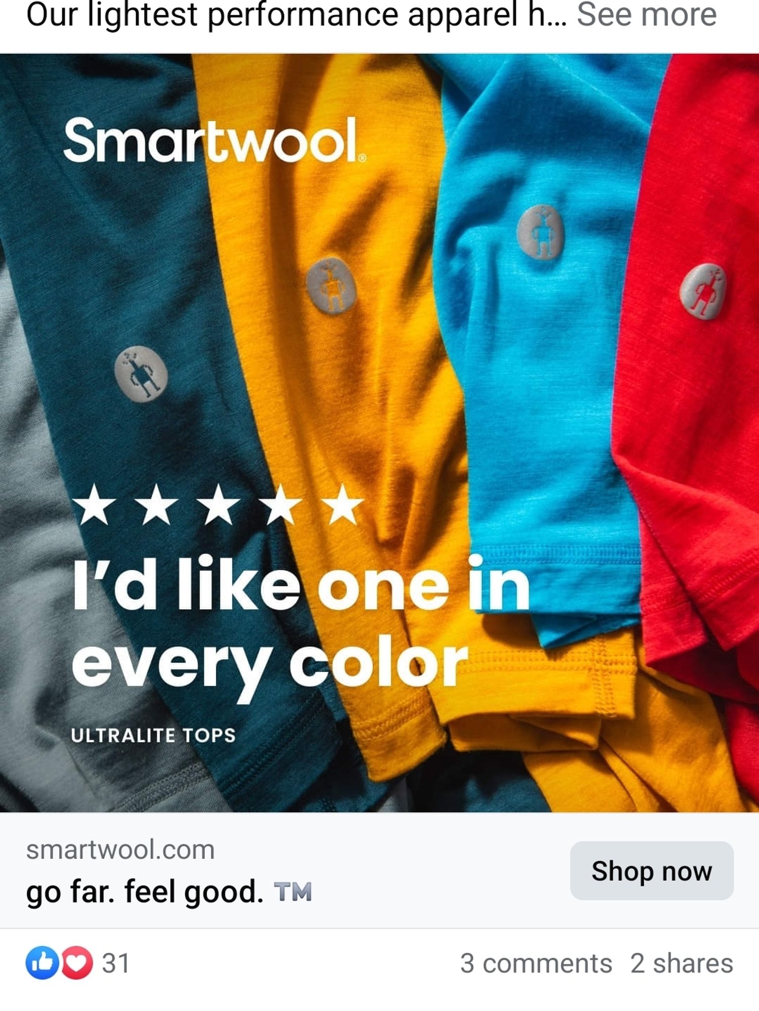 An ad for smartwool fitness clothes in teal, gold, blue and red