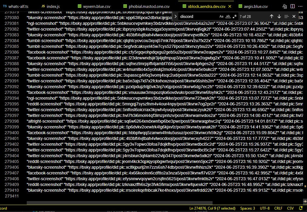 Contents of xblock.aendra.dev.csv with each row showing the label identifier, URL and date. There are 279,410 lines in the file.