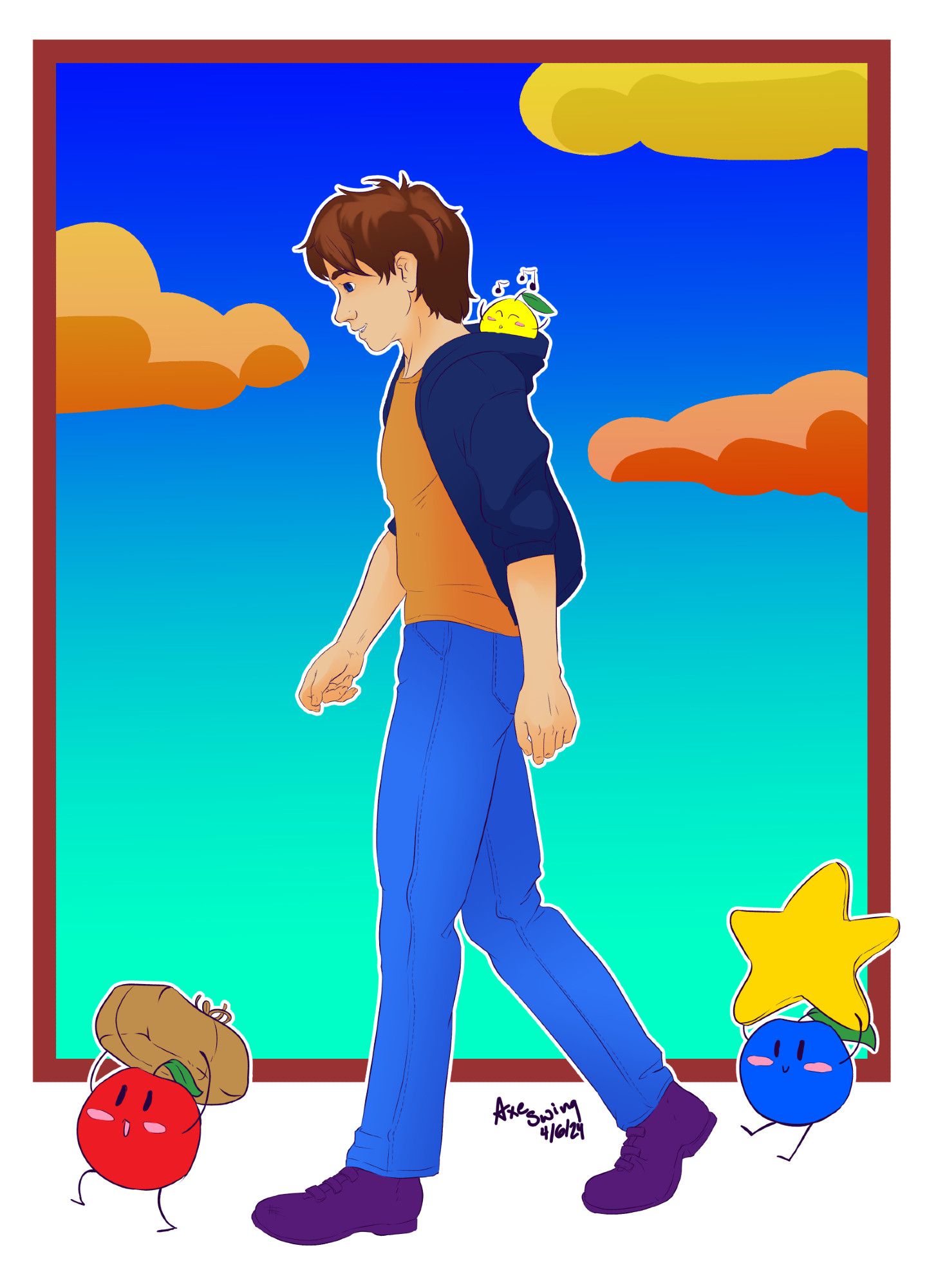 Drawing of a person walking with junimo sprites around them from the game stardew valley