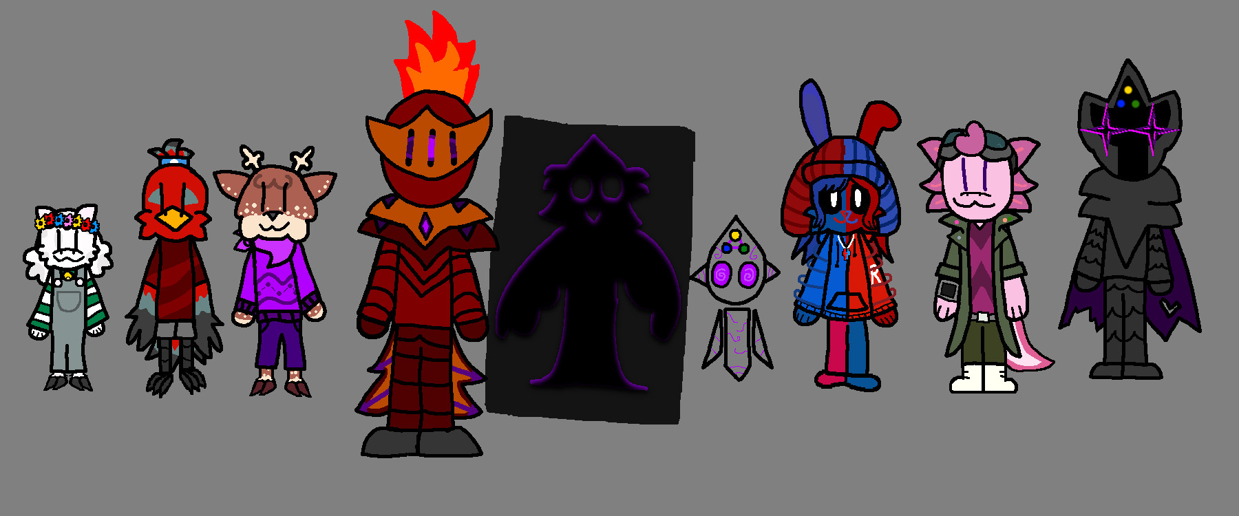 From left to right: Cloud, Kyurza, Grove, Kommander Kaboom, The Shadow, unnamed nevershroud robot, Swapster, Axel, and The White Knight