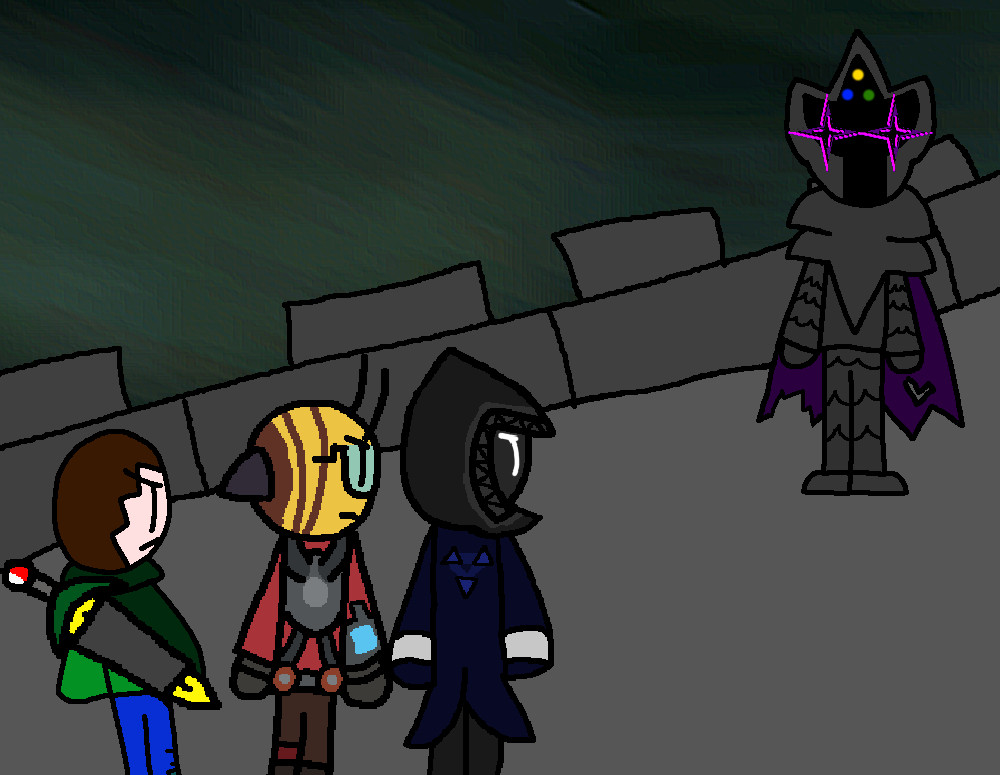 From left to right: Cursive, Bee, and Error prepare to fight The White Knight while on top of White Knight's Castle and the sky is gloomy