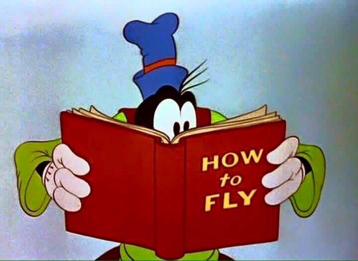 Goofy (the cartoon character from Looney Toons) is facing the camera but mostly covered by an open book he is holding, entitled "HOW to FLY." He is reading intently, his wide-open eyes visible above the top of the book.