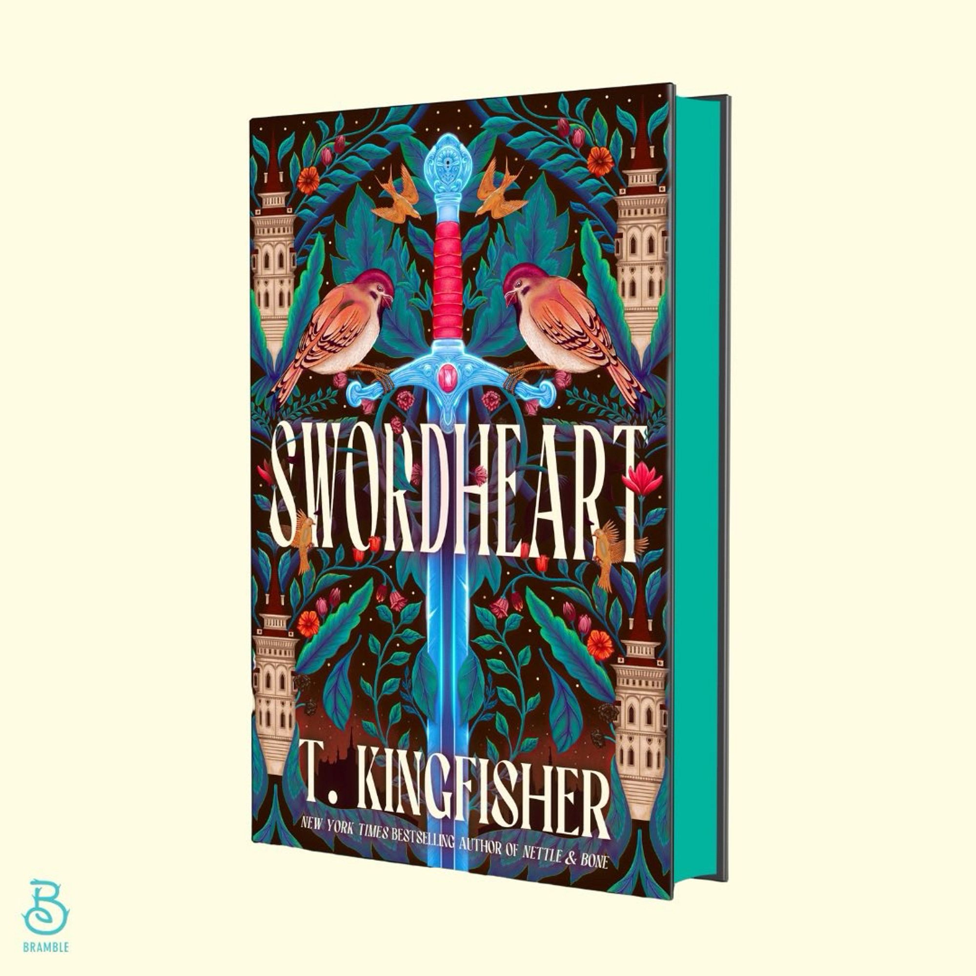 The new cover of the book SWORDHEART which features a sword, castles, and what appear to be a pair of fantastical sparrows. It’s very colorful!