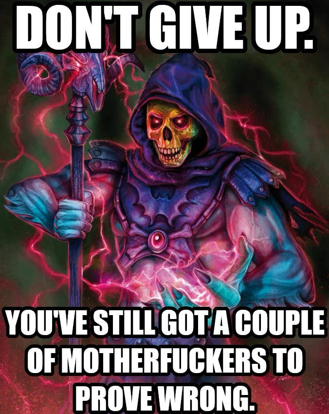 Skeletor with crackling staff and caption DON’T GIVE UP. YOU’VE STILL GOT A COUPLE OF MOTHERFUCKERS TO PROVE WRONG