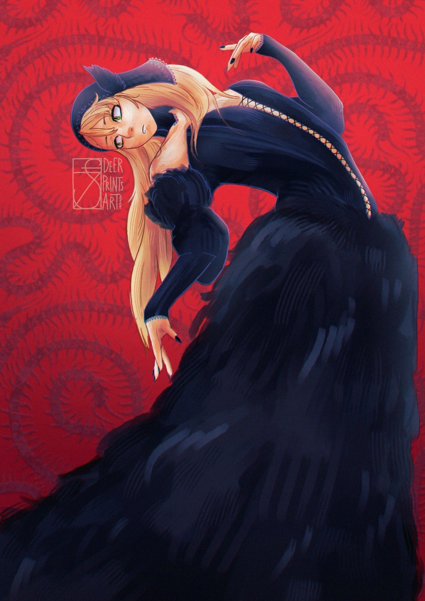 Marcille from Dungeon Meshi in her black outfit, with a red background