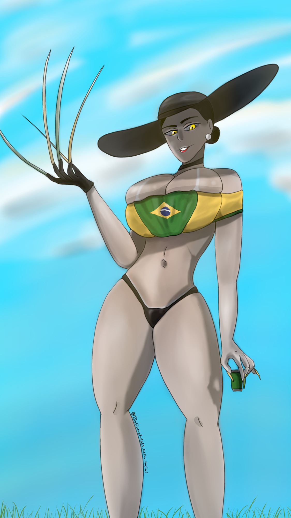 Lady dimitrescu dressed as Brazilian miku looking downward posing with her bladed claw