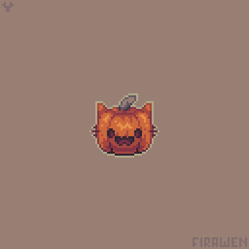 Pixel art of an orange pumpkin with cat ears, whiskers and a smiling face.