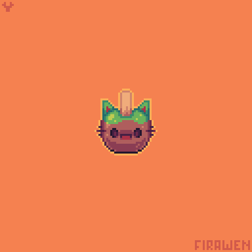 Pixel art of a green apple dipped in caramel with cat ears, whiskers and a smiling face on it.