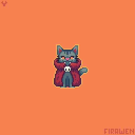 Pixel art of a a tabby cat dressed in a red cape for Halloween.