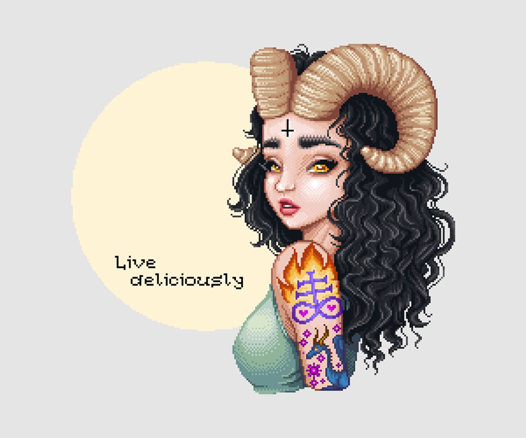 Pixel artwork of a demon woman from the chest up. She has long curly black hair and goat horns. She also has a colourful arm tattoo and an upside-down cross on her forehead.