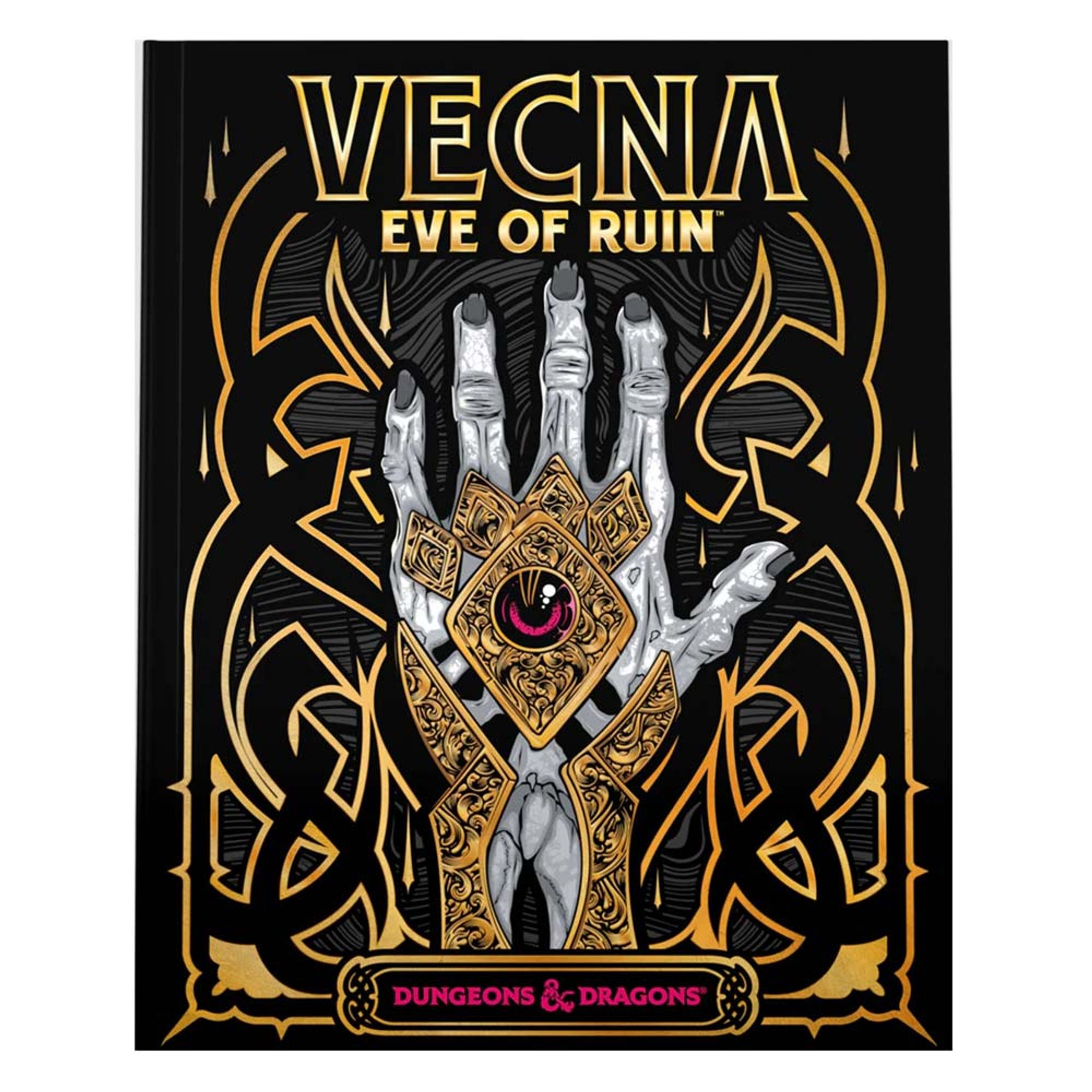 Cover des Buches Vecna Eve of Ruin
dunkel mit goldfarbenen ArtNoveau Verzierungen, mittig eine knochige nach oben gestreckte graue Hand mit goldenen durchbrochenen Platten und einem Juwel mittig auf dem Handrücken