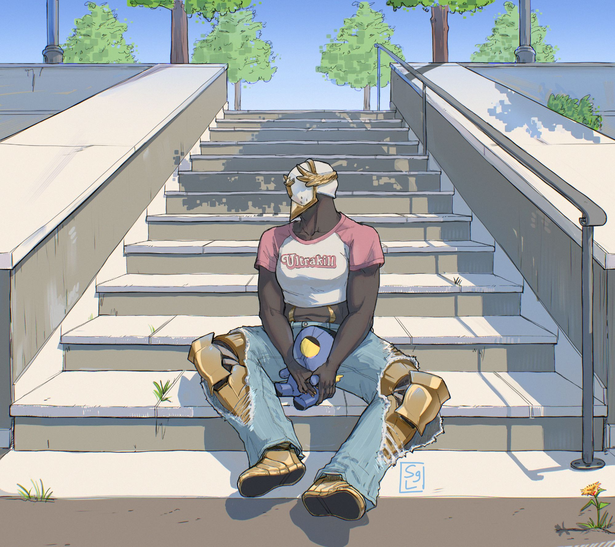 Digital illustration of Gabriel from Ultrakill. He's wearing the white and pink ultrakill croptop and ripped jeans with his armor underneath. He's sitting on the steps of a concrete stair in an urban setting with some trees in the background, and the weather is sunny with warm lightning. A V1 plushie sits between his legs, with his hands holding it protectively.