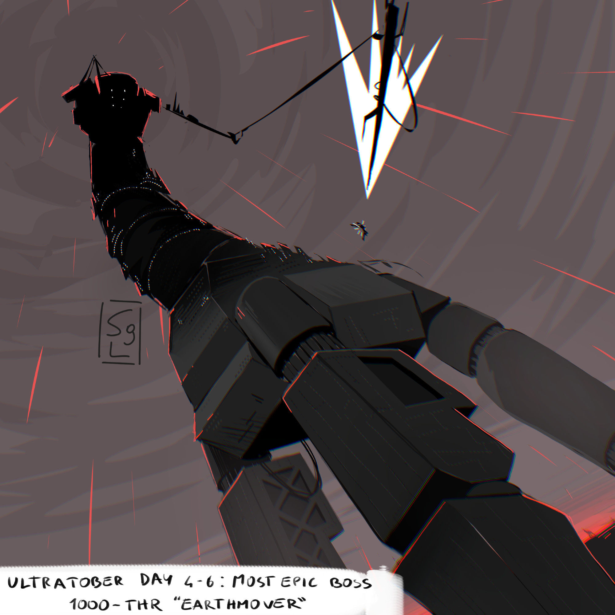 Fanart for days 4-6 of the Ultrakill Ultratober challenge (favorite boss fight). The label in the corner reads "1000-EARTHMOVER" and the drawing is a lineless flat painting of the earthmover itself from a very low angle. All the colors are dark grays, except for the bright red of the fire raining down from the sky. Its face is cast in shadow and its neck is bent to look down at a very small V1 that's flying up to fight it. Its lightning lance is ponted at them, lit up with a charging shot.