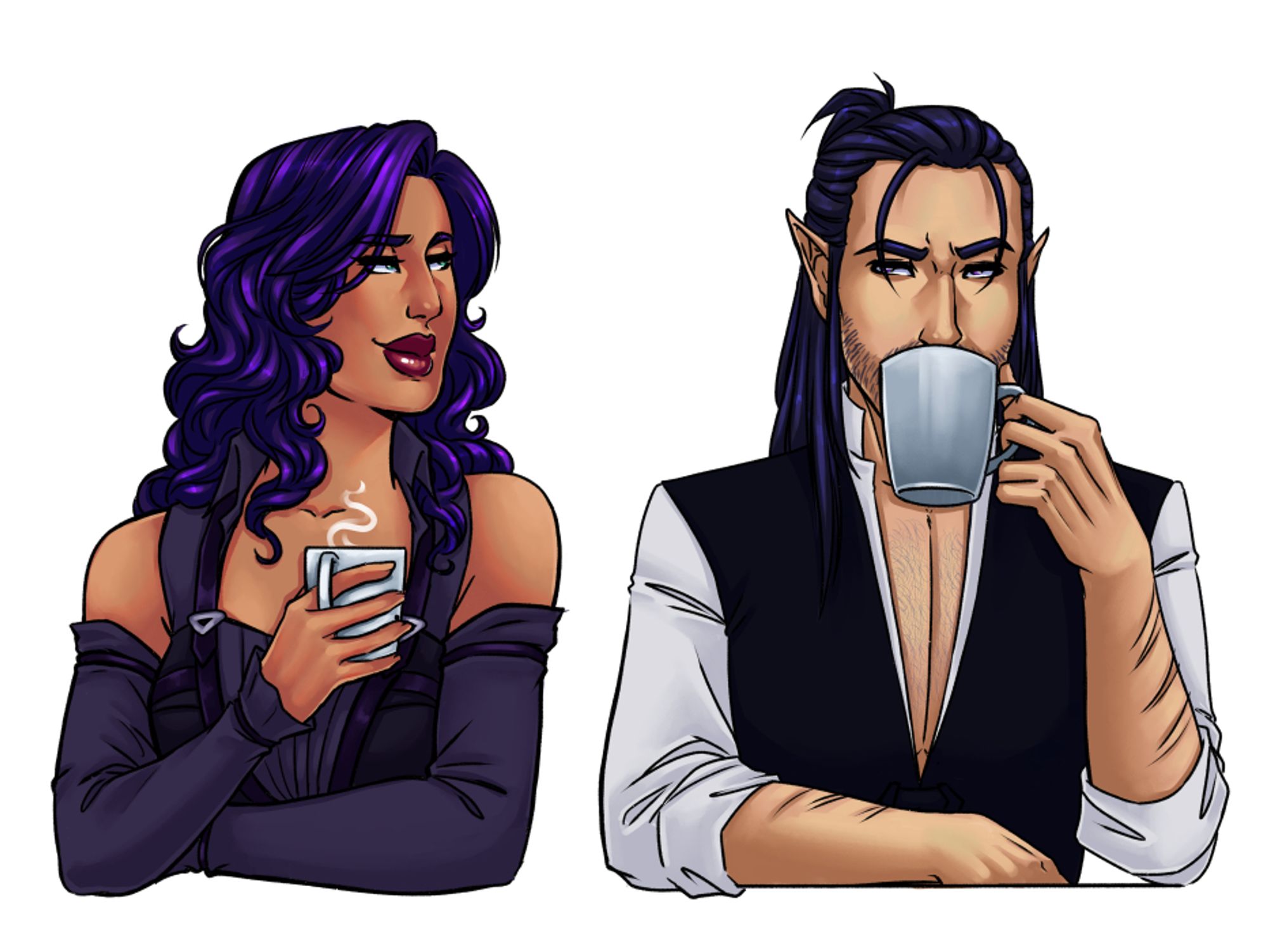 An illustration of two people from the chest up. On the left, a tan skinned woman with a smirk, holding a steaming cup of coffee as she glances to the man next to her. The man sips from his coffee as he side eyes the woman