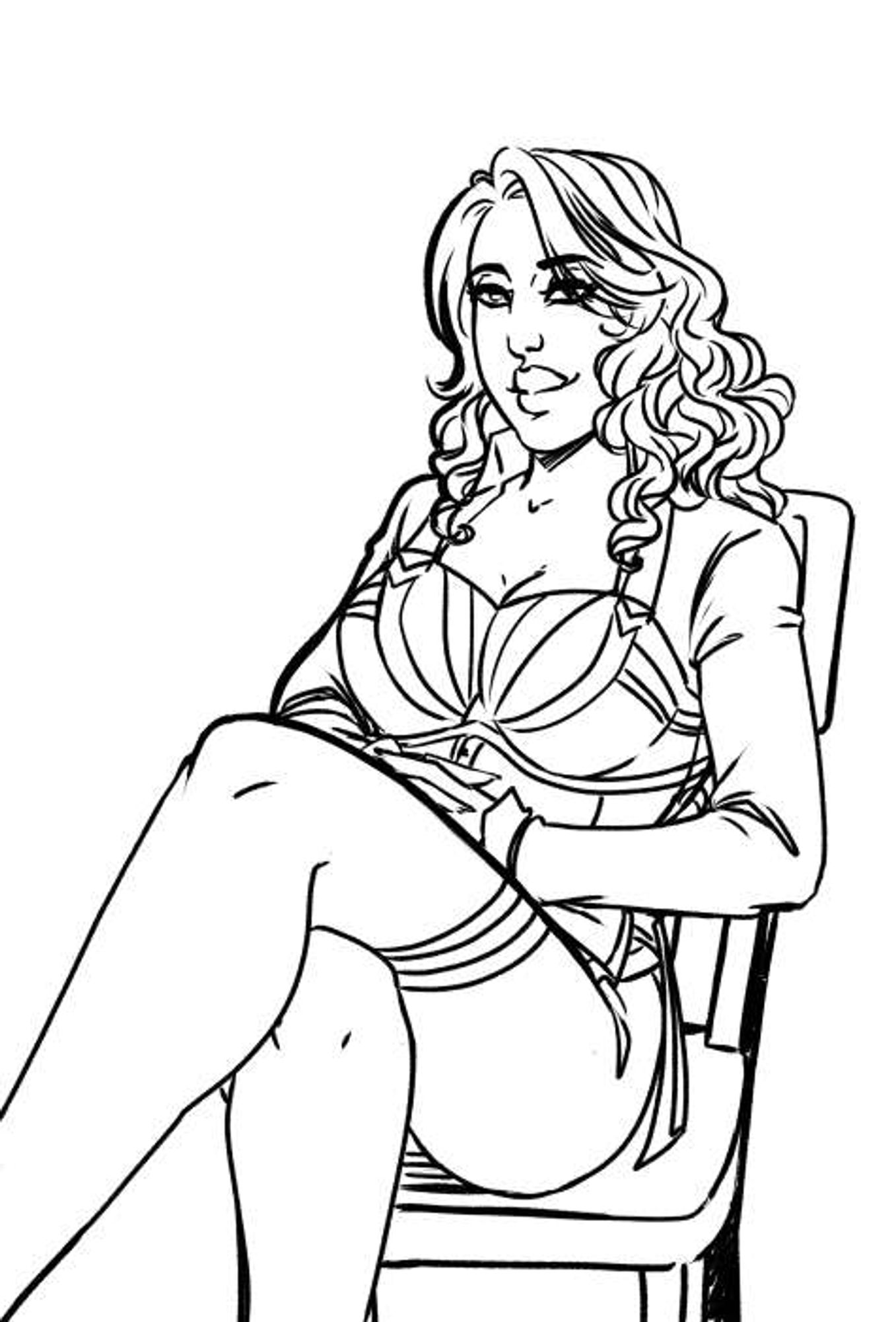 A black line drawing of Tassera, hands folded in her lap, legs crossed, leaning back in her chair.