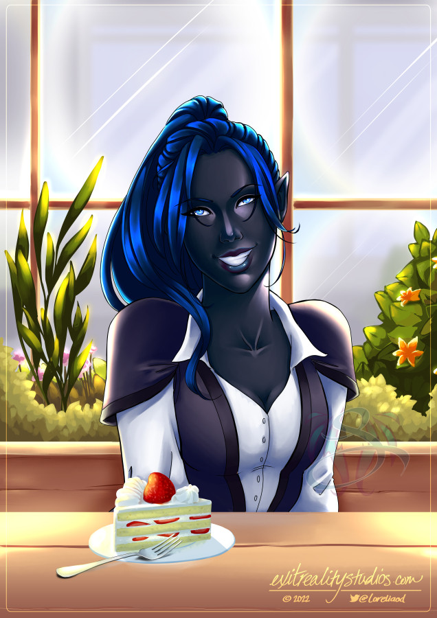 An illustration of my OC Saryn, an elf woman with dark gray skin and bright blue eyes. She sits in a cafe at a table with a large window behind her and a flower box with plants. A cake with white frosting and straw berries is on the table in front of her.