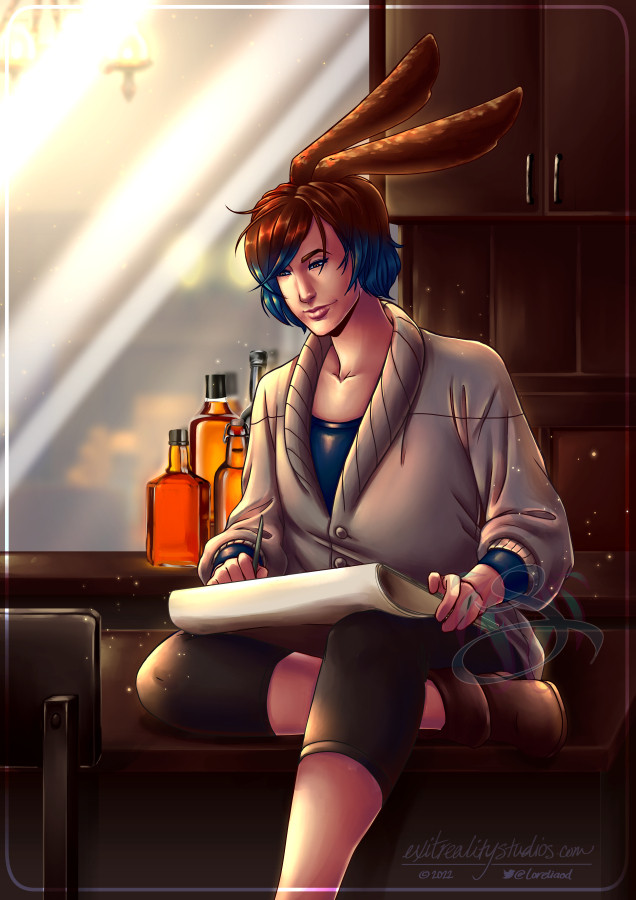 An illustration of my OC Klies, a non-binary person with chin length hair, brown on top and blue on the bottom half and long brown rabbit ears. They wear a baggy cream sweater over a 3/4 sleeve blue shirt with brown capri pants and short boots. They're sitting on the bar in an old style tavern, alcohol, a mirror and a cabinet behind them. They have a large sketchbook in their lap and a piece of charcoal in hand.