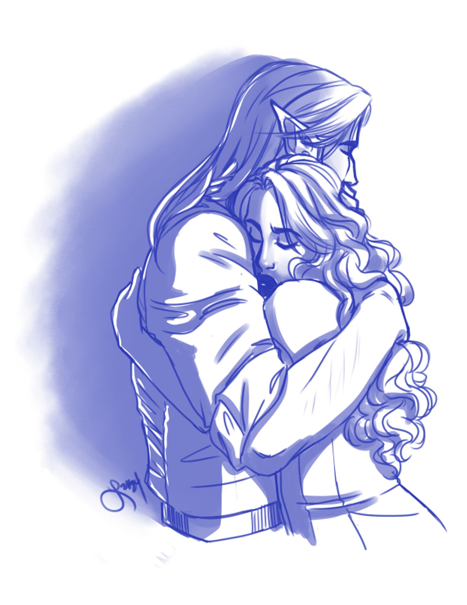 A sketch in blue of my characters Tassera and Vale in a tight hug, Tass' face pressed tightly against Vale's shoulder